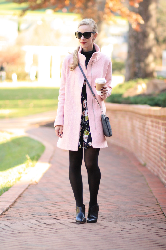 { Blushing: Cocoon coat, Floral print dress & Ankle boots } - Meagan's Moda