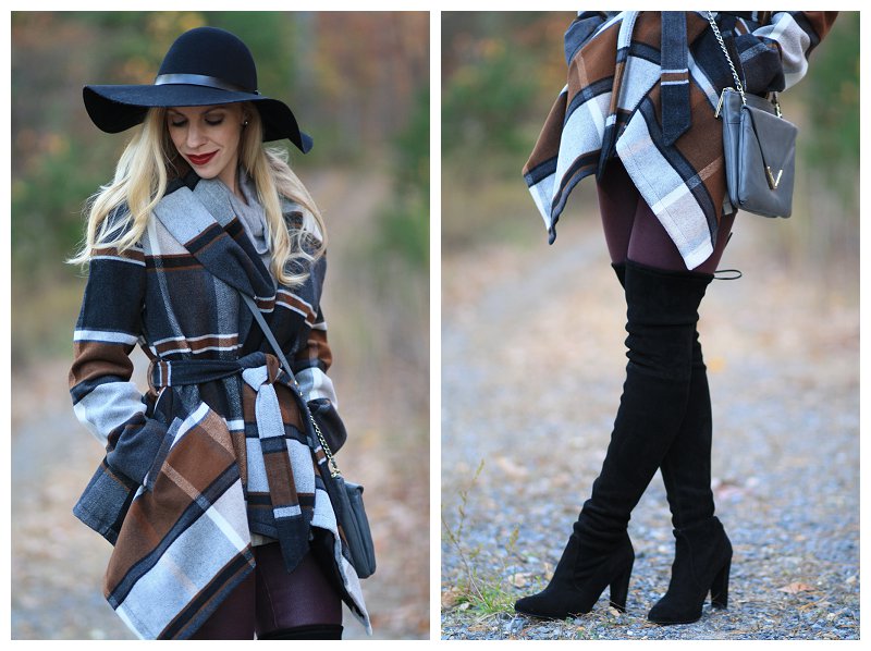 H M black wool floppy hat chicwish plaid wrap coat fall plaid 7 for all mankind burgundy leather like jeans Stuart Weitzman black suede Highland thigh high boots thigh high boots and skinnies