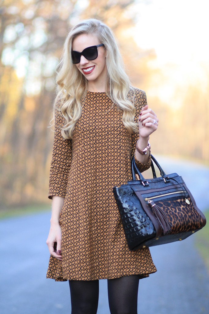 H&M printed a-line dress, dress with tights, Brahmin leopard calf hair  satchel, NARS audacious bordeaux lipstick 'Bette', Chanel cateye sunglasses  - Meagan's Moda