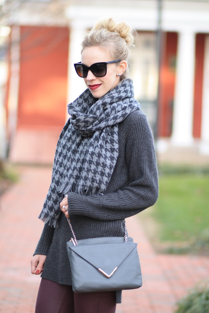 J. Crew brushed wool oversized scarf, navy blue scarf with gray sweater,  how to wear oversized sweater with blanket scarf, chunky knits fall outfit  with booties - Meagan's Moda