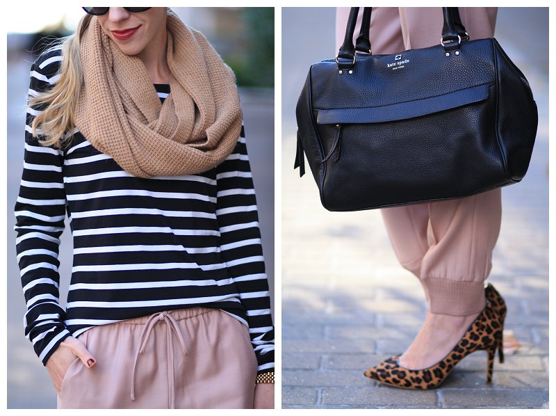 Kate Spade cobble hill black pebbled leather bag, J. Crew leopard print  pumps, blush pink drapey wool track pants, J. Crew drapey wool sweatpants,  camel knit infinity scarf, black and white striped