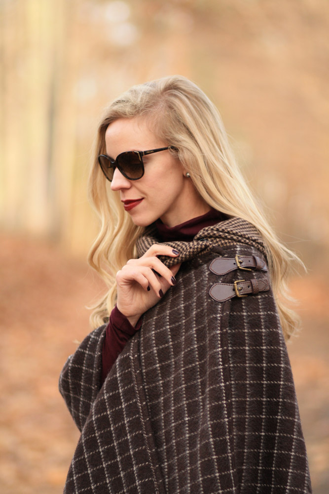 Ralph Lauren buckle detail brown plaid poncho, Prada tortoiseshell  sunglasses, Essie carry on nail polish, fall poncho outfit, NARS burgundy  lipstick 'Bette' - Meagan's Moda