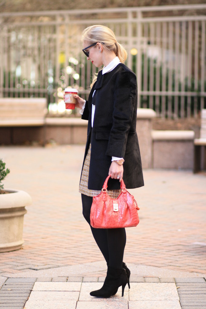 Ann Taylor black calf hair car coat, bow tie neck blouse, cream and black  bow blouse, Chanel cateye sunglasses, holiday style, sophisticated holiday  fashion, Brahmin mini elisa tulip melbourne pink satchel 