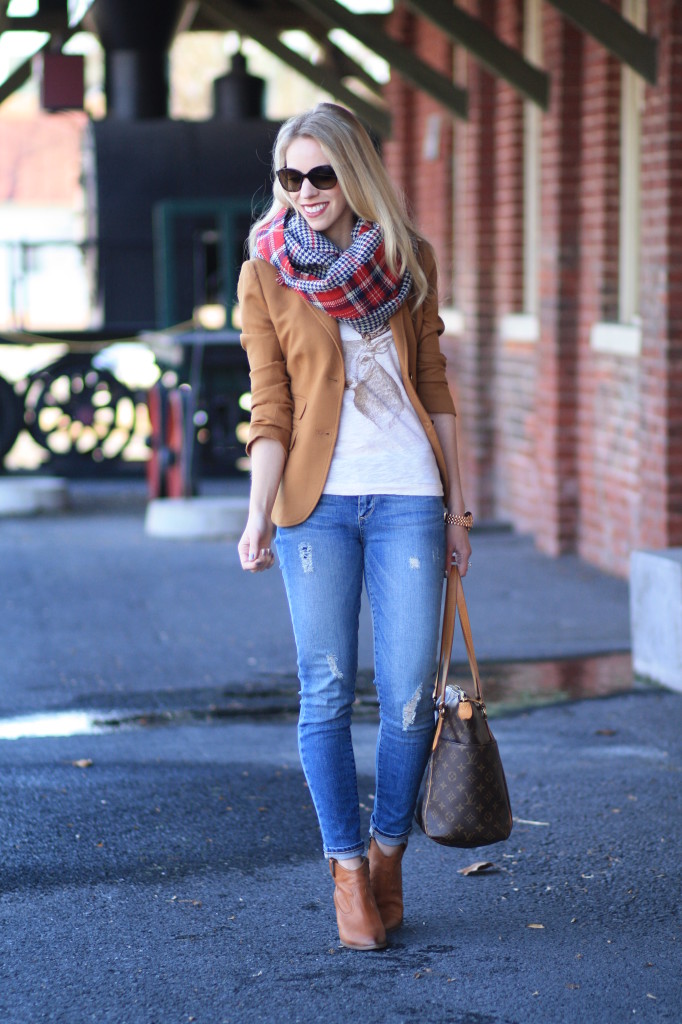 J. Crew camel blazer, deer print shirt, red plaid oversized scarf, holiday  outfit, distressed denim, Frye Reina camel leather western ankle boots, Louis  Vuitton totally MM tote - Meagan's Moda