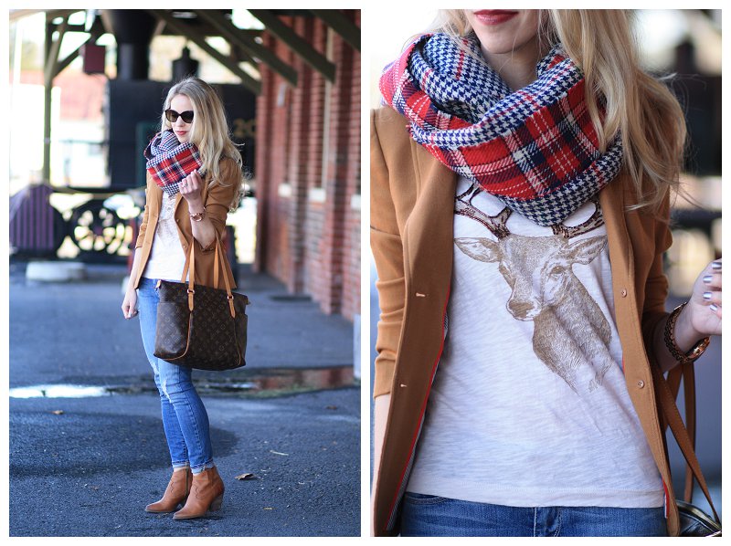 J. Crew holiday deer t shirt, oversized red plaid reversible scarf, J. Crew  camel schoolboy blazer, Louis Vuitton totally MM tote, distressed denim,  Frye Reina camel leather ankle booties, holiday outfit, holiday
