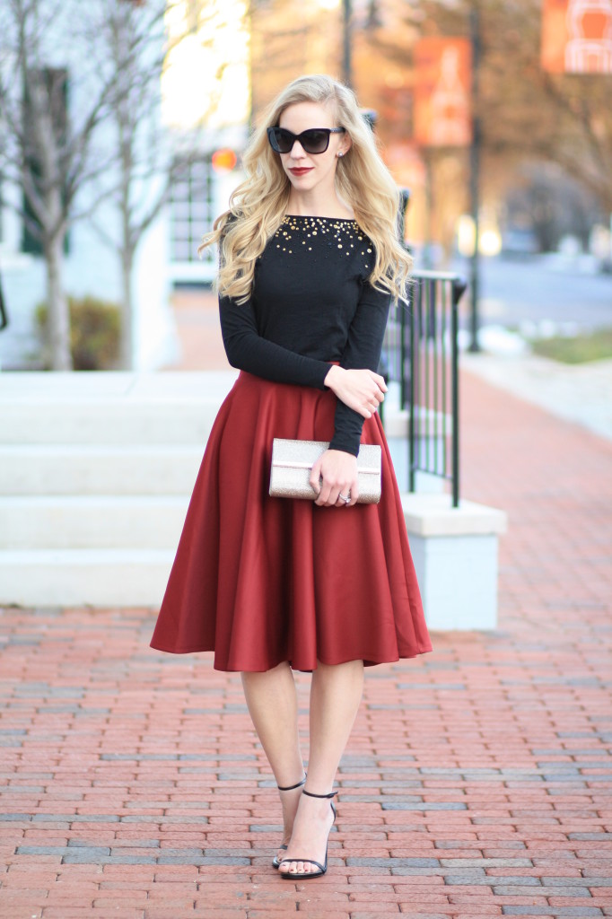 { Stilettos & Sequins: Beaded tee, Burgundy midi skirt & Ankle-strap ...