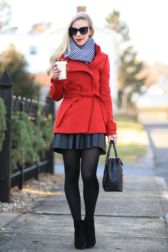 { Poinsettia: Red wrap coat, Houndstooth scarf & Leather skater skirt ...