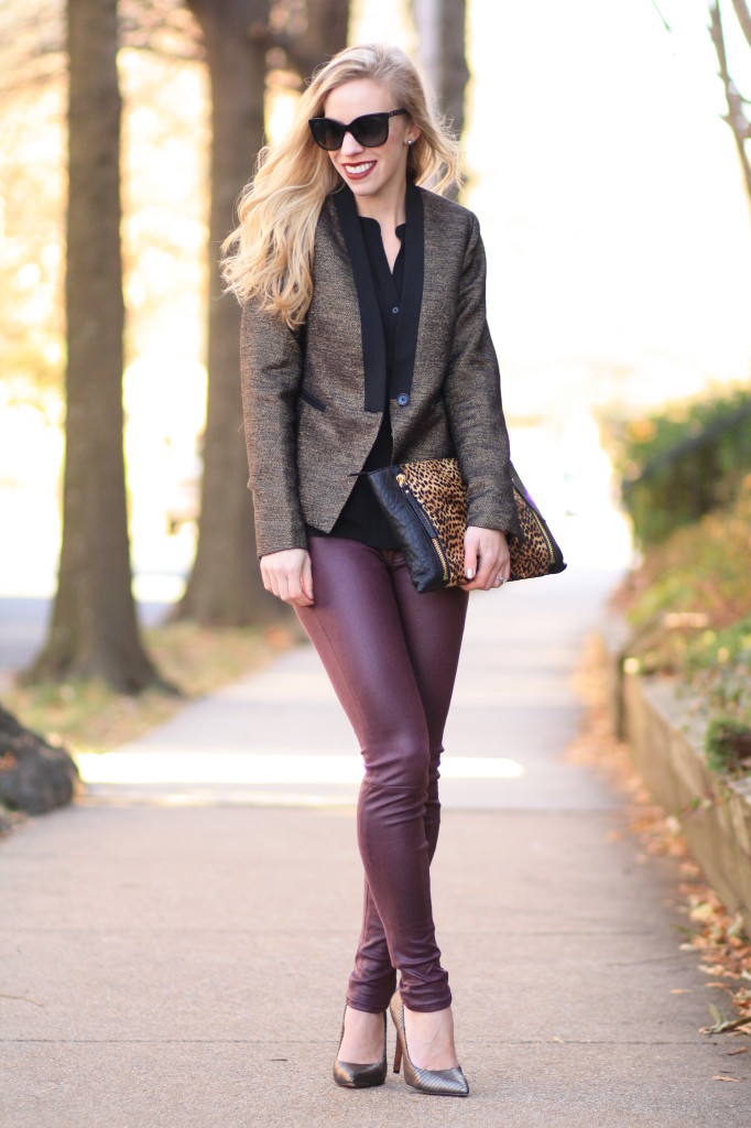 { Metallic Shine: Tuxedo blazer, Burgundy leather jeans & Bronze pumps ...