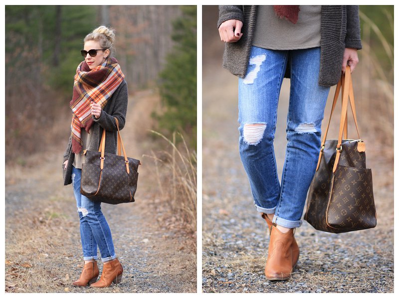 AG Adriano Goldschmied stilt cigarette distressed denim, Frye 'Reina' camel  leather western ankle boot, Louis Vuitton totally MM monogram tote, Zara  plaid blanket scarf, oversized layers, long cardigan - Meagan's Moda