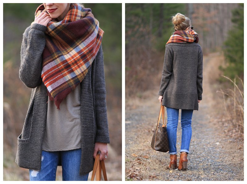 Zara brown red plaid blanket scarf how to tie a blanket scarf AG Adriano Goldschmied distressed denim oversized cardigan sweater with scarf and distressed denim Frye Reina western ankle boots Louis Vu...
