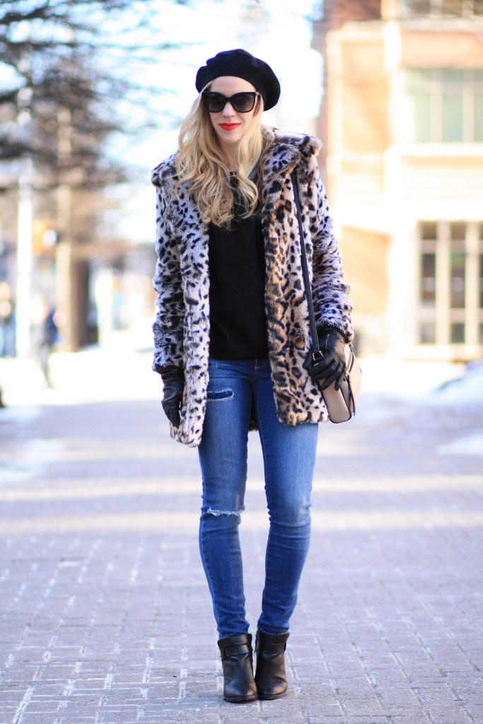 { Soft Statement: Leopard faux fur coat, Distressed denim & Black ...