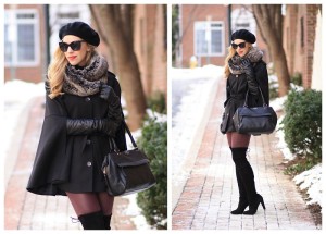 black tie waist cape, cashmere beret, Chanel oversized sunglasses, black  leather elbow gloves, 7 for all mankind burgundy leather jeans, gray faux  fur scarf, layered outfit with cape for winter - Meagan's Moda