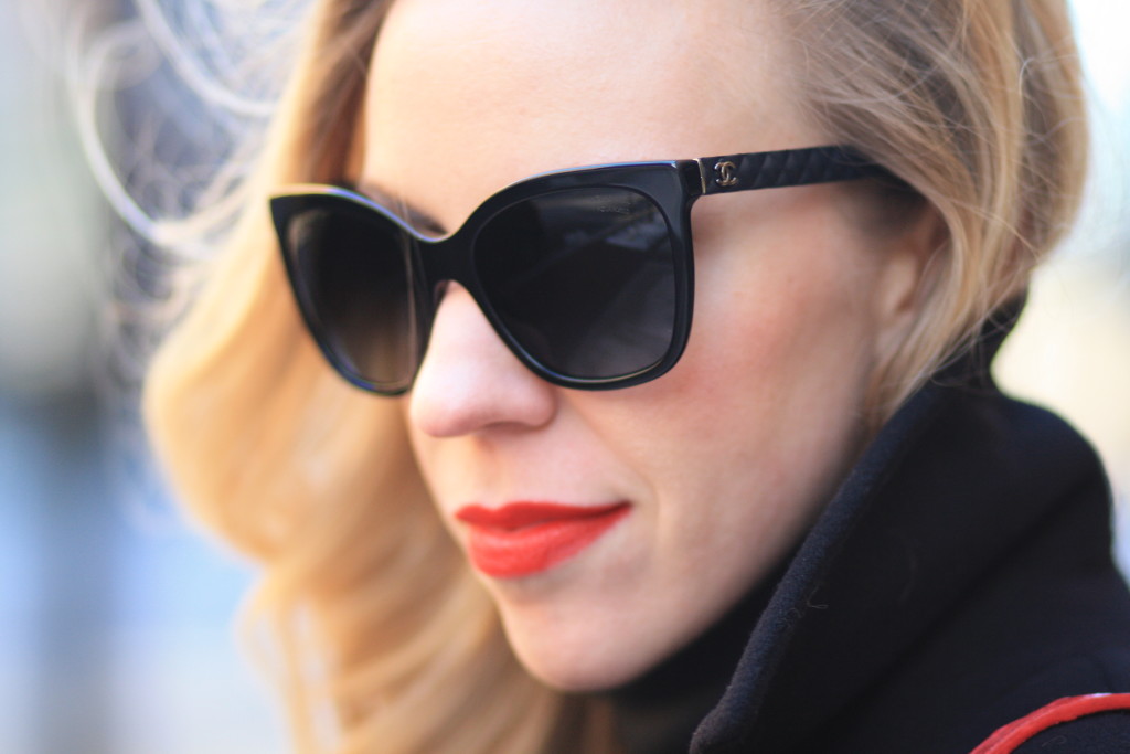 Chanel cateye sunglasses with quilted leather trim sides, Chanel black  oversized sunglasses, Clinique soft matte crimson lipstick, dark sunglasses  and bold red lip, glamorous - Meagan's Moda