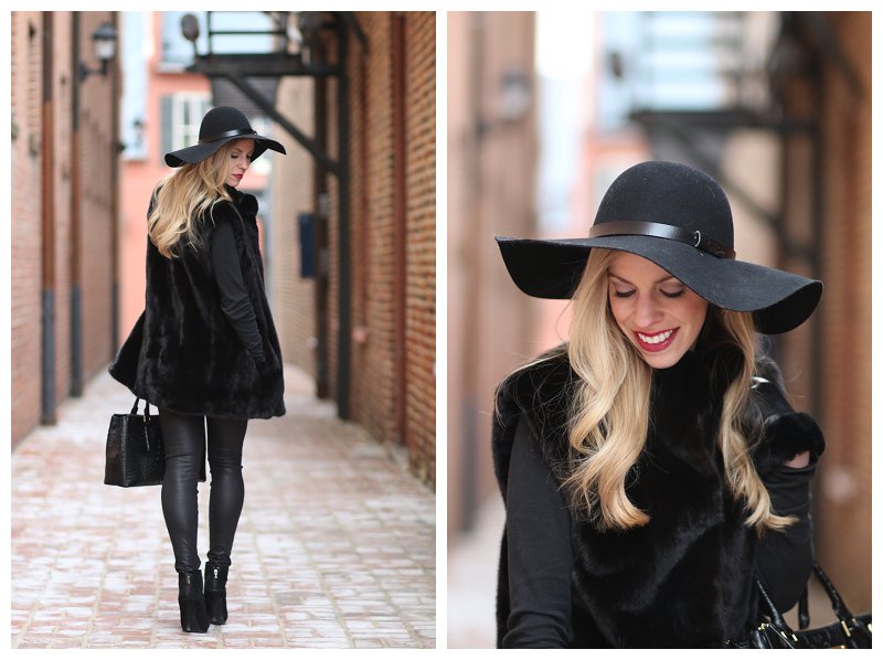 H&M floppy wool hat, black fur mink long vest, black leather