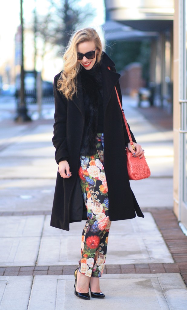 coat, faux fur coat, black bag, black leggings, black turtleneck