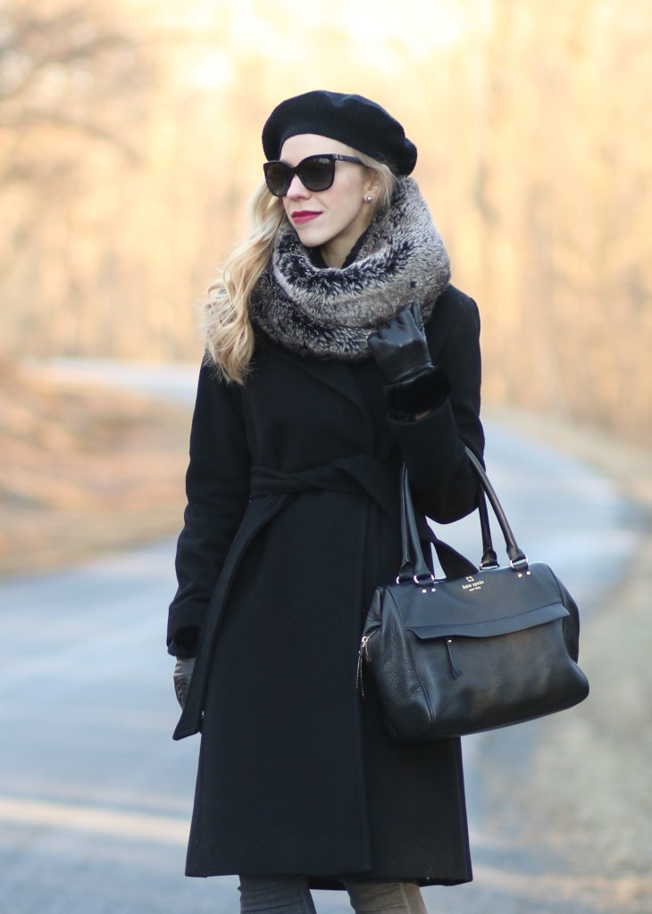 Ralph Lauren black wool wrap coat, cashmere beret, Chanel