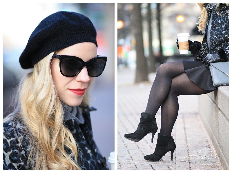 black cashmere beret, Chanel cateye sunglasses with quilted leather trim,  NARS 'Scarlett Empress' lipstick, tights, black flounce mini skirt, Tahari  black suede ankle boots, LOFT snow leopard coat - Meagan's Moda