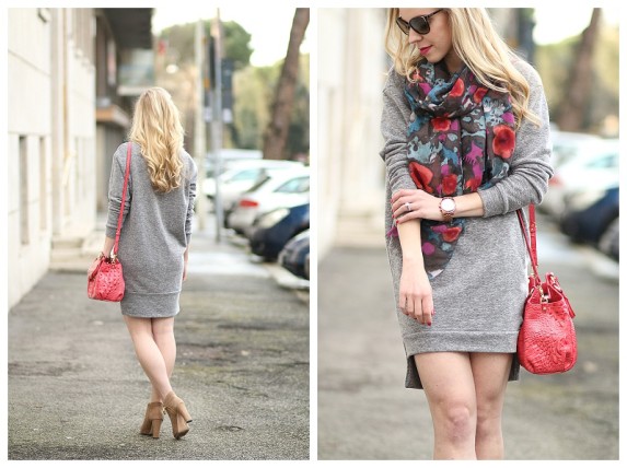 { Hi-Low Hem: Sweatshirt dress, Floral scarf & Peep-toe booties ...