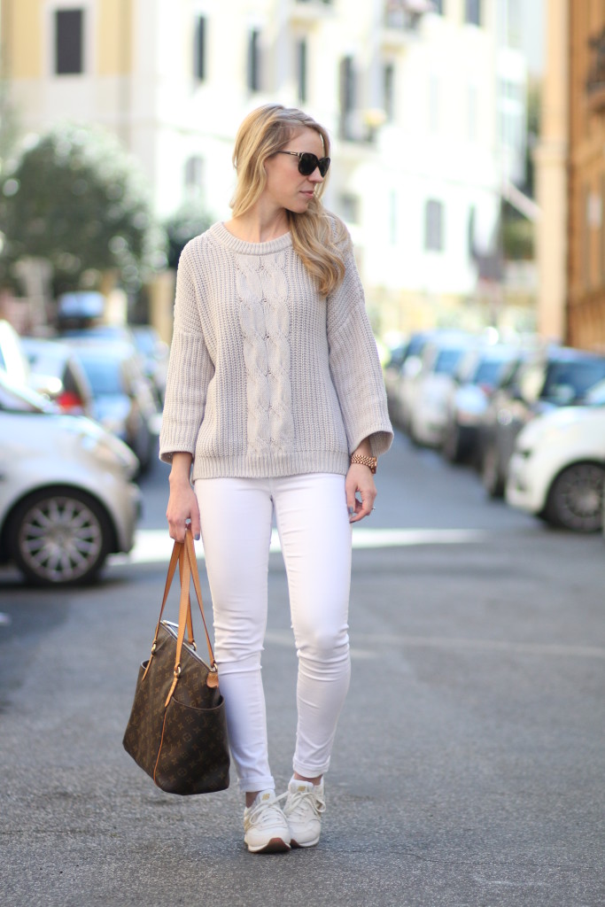 H&M gray cable knit oversized sweater, Adriano Goldschmied white legging  ankle jeans, gray and white neutral mix outfit, Louis Vuitton totally MM  monogram tote, gold and white New Balance sneakers, neutrals for