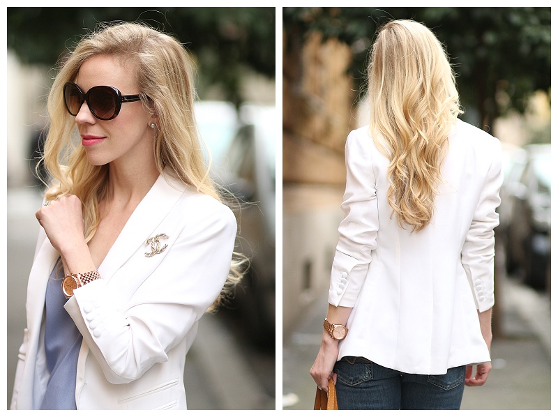 H&M white tuxedo blazer, Chanel tortoiseshell oversized sunglasses