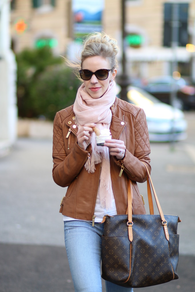 Michael Kors camel leather jacket, Prada tortoiseshell sunglasses