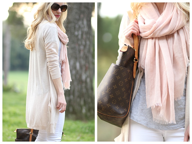 blush pink scarf with tan sweater, white distressed boyfriend jeans, Louis  Vuitton totally MM monogram tote, pink scarf spring outfit - Meagan's Moda