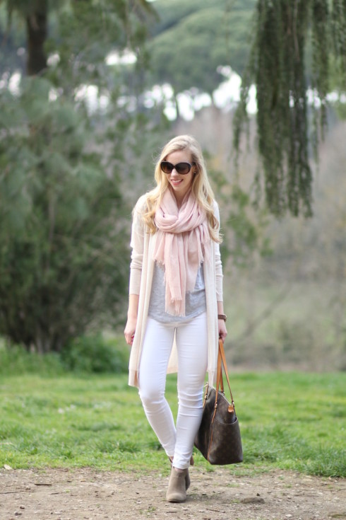 { Villa Ada: Long cardigan, Pink scarf & White ankle jeans } - Meagan's ...
