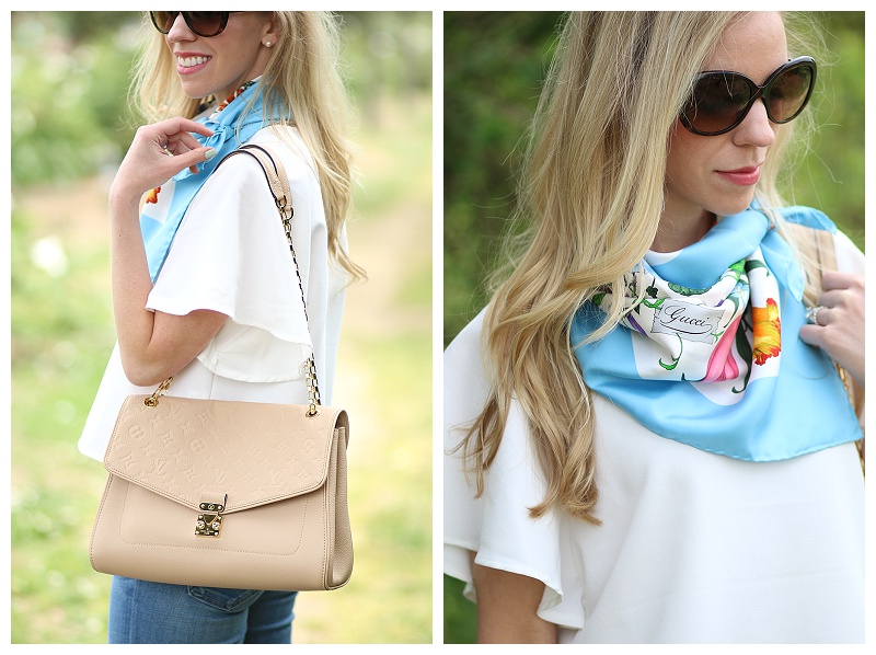 Gucci floral print silk scarf, how to tie silk scarf, Chanel oversized  tortoiseshell sunglasses, Louis Vuitton st. germain shoulder bag dune  leather, Italian fashion blogger - Meagan's Moda