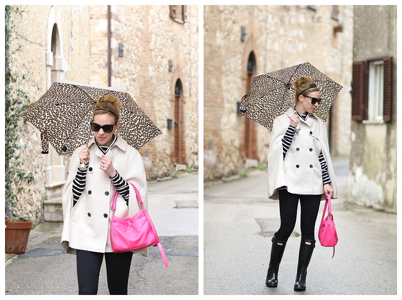 Ann Taylor trench cape, Kate Spade hot pink bag, black and white striped  turtleneck, Zella live-in leggings with black Hunter boots, trench cape  rainy day outfit, black and white with hot pink