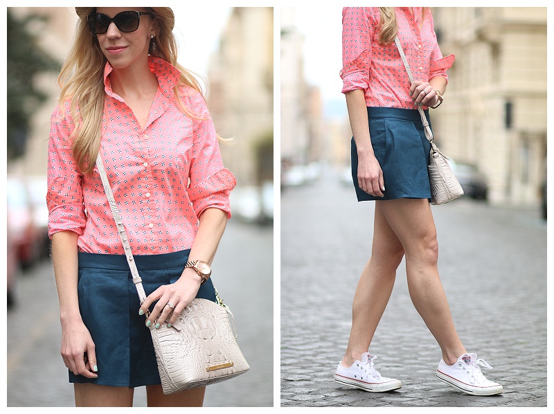 Brahmin paloma gray mini duxbury crossbody bag J. Crew neon button down J. Crew linen skort how to wear a skort for summer white converse sneaker outfit with shorts how to wear
