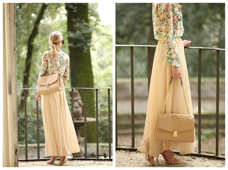 Chic Wish nude pleated maxi skirt, Stuart Weitzman Nudist stiletto sandals,  Louis Vuitton st. germain monogram bag in dune, long sleeve blouse with maxi  skirt outfit, how to wear stilettos with maxi