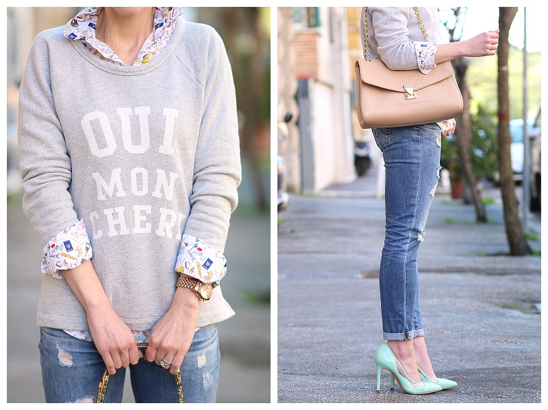 J. Crew graphic print sweatshirt, French print popover button down shirt,  Adriano Goldschmied stilt cigarette jeans, mint pumps, pastel spring  outfit, Louis Vuitton st germain MM dune shoulder bag, French inspired  outfit 