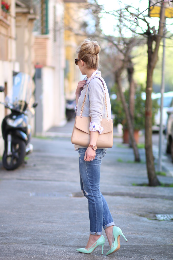 J. Crew sweatshirt, Parisian print button down, Louis vuitton st. germain MM  dune, beige leather bag, mint pumps, Adriano Goldschmied stilt cigarette  cuffed jeans, spring outfit with pastel pumps, Italian fashion blogger 