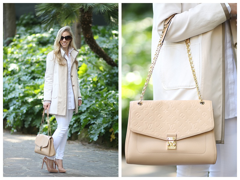 Louis Vuitton St. Germain leather shoulder bag dune, beige bag for spring,  Ann Taylor neutral spring jacket, Adriano Goldschmied white denim,  Christian Louboutin pigalle plato nude pump, neutral spring color outfit 