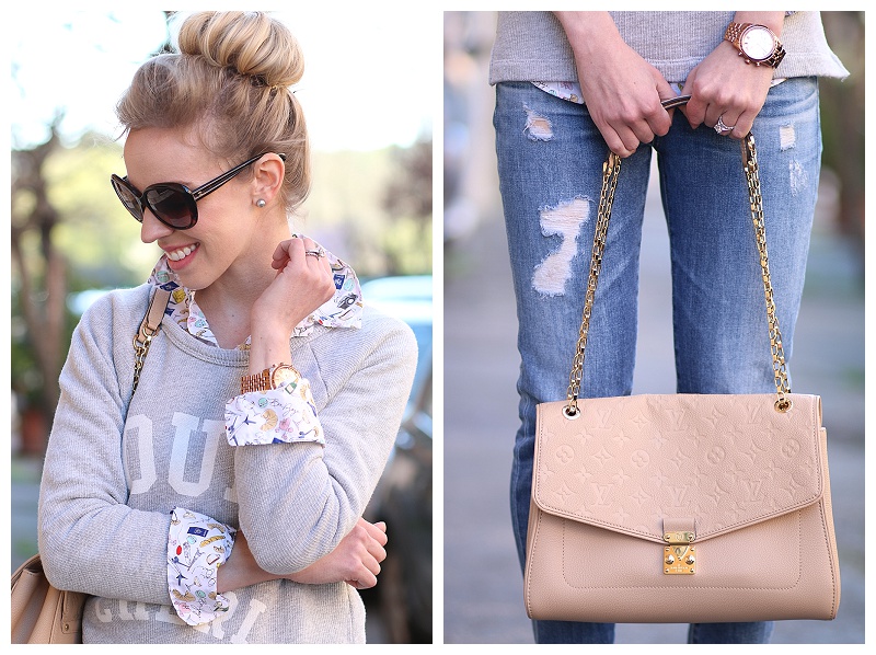 J. Crew graphic print sweatshirt, French print popover button down shirt,  Adriano Goldschmied stilt cigarette jeans, mint pumps, pastel spring  outfit, Louis Vuitton st germain MM dune shoulder bag, French inspired  outfit 