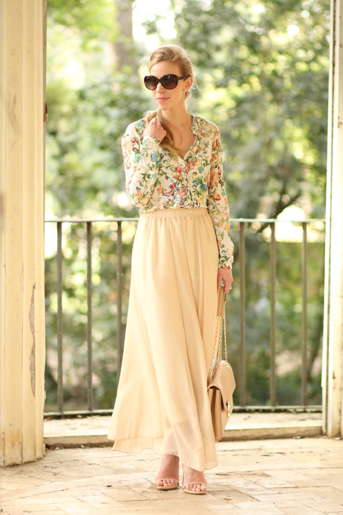 Zara floral print blouse with maxi skirt, Chic Wish nude pleated maxi skirt,  Stuart Weitzman Nudist stiletto sandals with maxi skirt, Louis Vuitton st.  germain shoulder bag in dune, how to wear