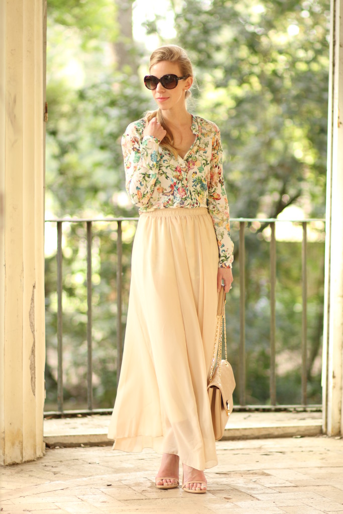 Zara floral print blouse with maxi skirt, Chic Wish nude pleated