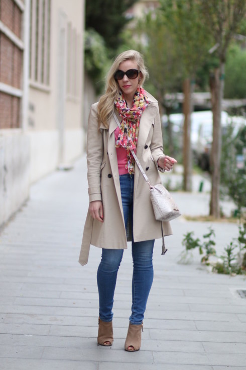 { Light Spring Layers: Trench coat, Floral scarf & Suede booties ...