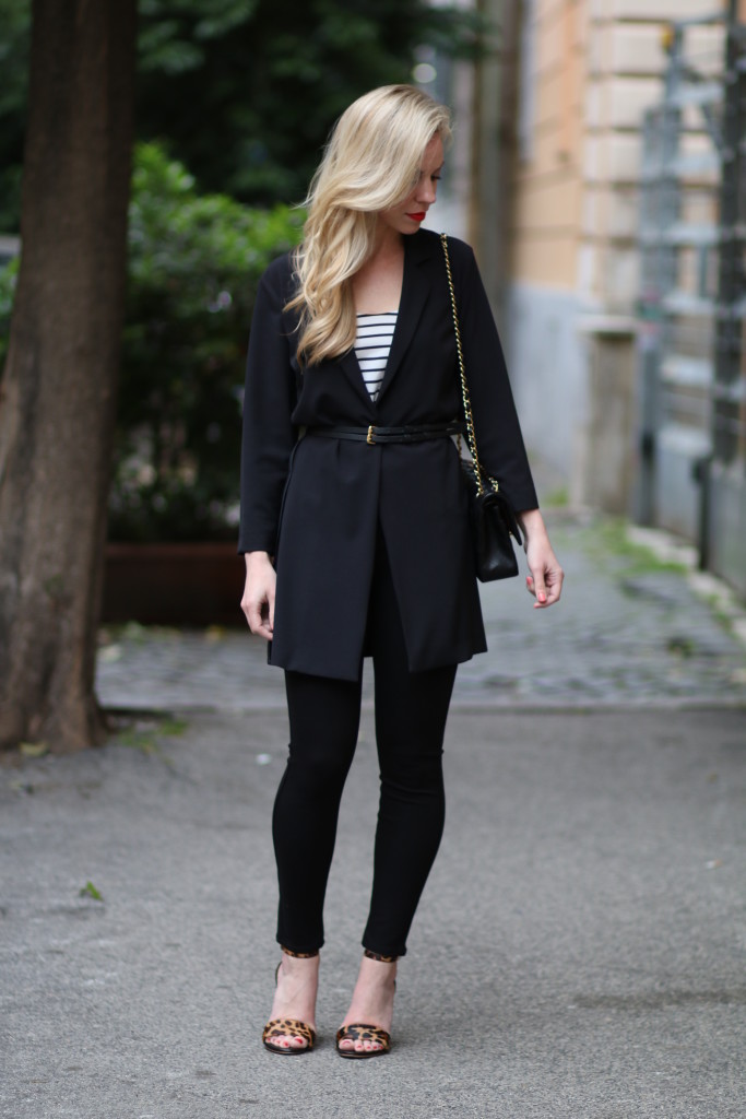 Classic Black: Long belted jacket, High waist pants & Leopard print sandals  } - Meagan's Moda