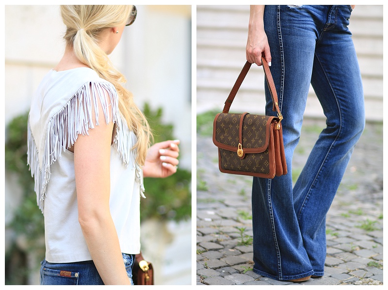 7 for all mankind high waist vintage bootcut jeans, 1970s Louis Vuitton  Passy bag, Zara gray suede fringe top, how to wear flare jeans, 70s style  outfit with fringe and flared denim 