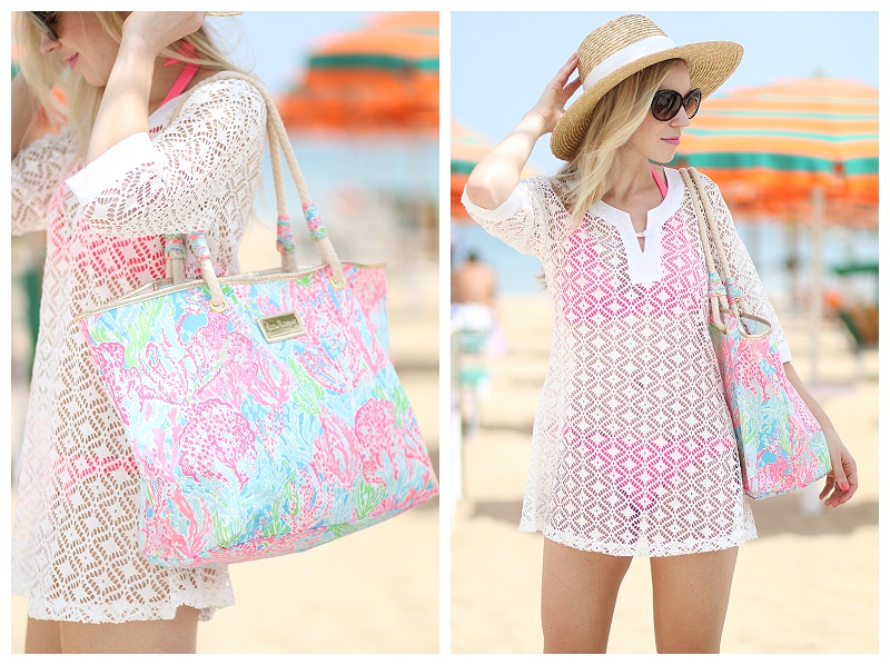 J. Crew wide brimmed straw hat, white crochet lace beach cover-up, Lilly  Pulitzer coral reef print beach tote with rope handles, how to look stylish  for the beach - Meagan's Moda