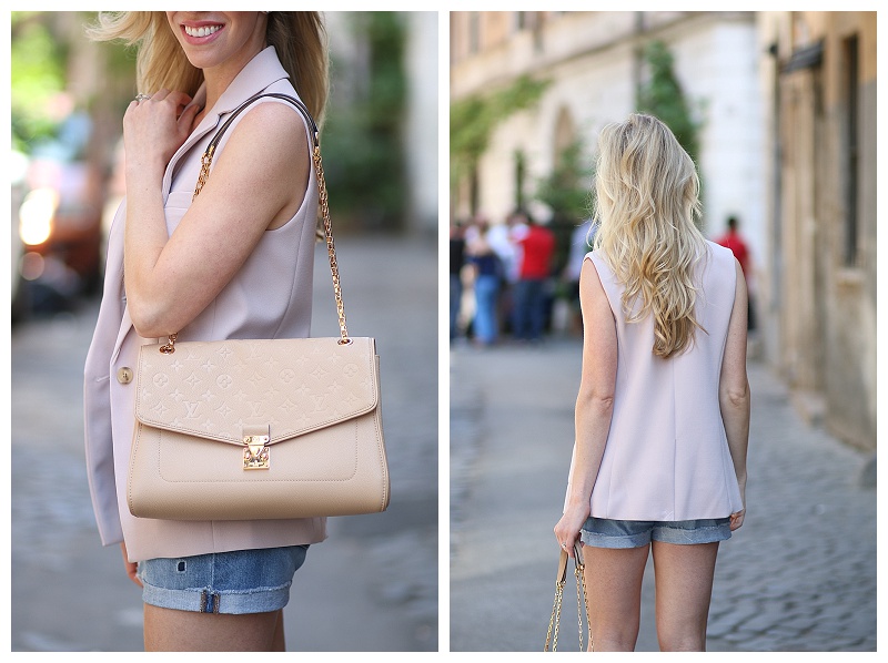 Louis Vuitton St. Germain dune leather monogram shoulder bag, J. Crew mauve  drapey vest, high waist boyfriend shorts, how to wear a long vest with  shorts - Meagan's Moda