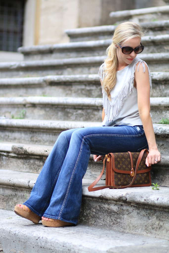 high waist flare jeans with platforms outfit, 7 for all mankind