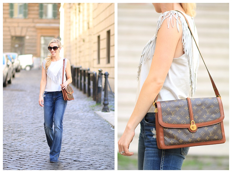 Zara gray suede fringe top, 7 for all mankind high waist vintage bootcut  jeans, Louis Vuitton 1970s vintage Passy shoulder bag, vintage style outfit  with suede - Meagan's Moda