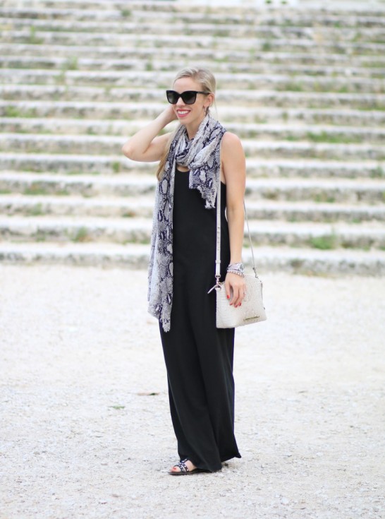 { Long Layers: Snakeskin print scarf, Maxi dress & Studded sandals ...