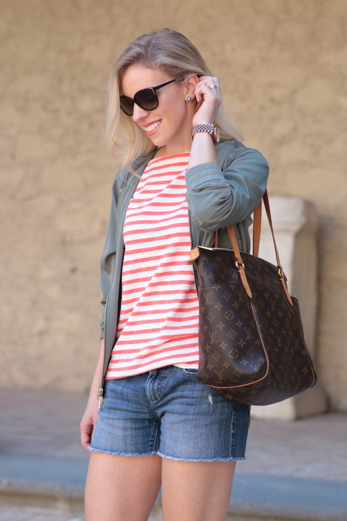 J. Crew olive safari bomber jacket, orange stripe tee, olive and orange  outfit, Louis Vuitton Totally MM monogram tote, how to wear olive jacket -  Meagan's Moda