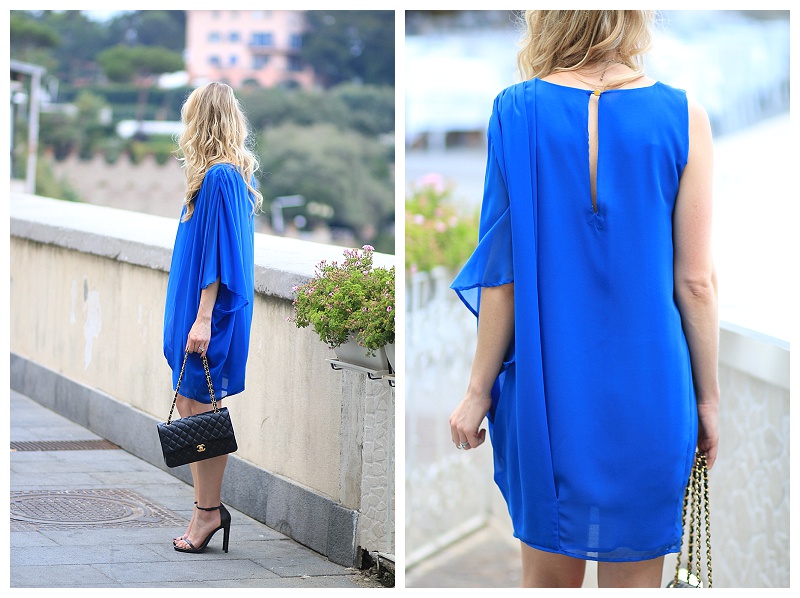 flowy one shoulder dress, how to wear cobalt blue, Chanel medium classic  flap bag black lambskin with gold hardware, Stuart Weitzman black Nudist  stilettos - Meagan's Moda