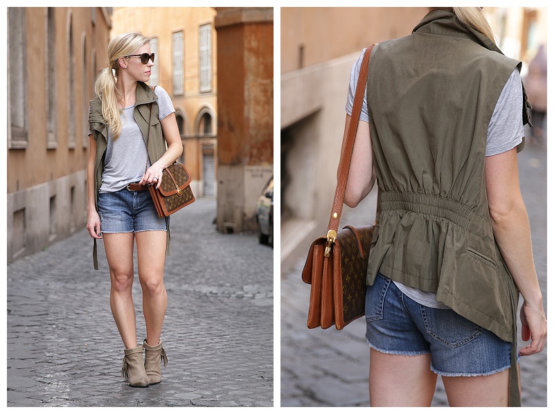 olive utility vest, gray tee, denim cutoff shorts, Sam Edelman