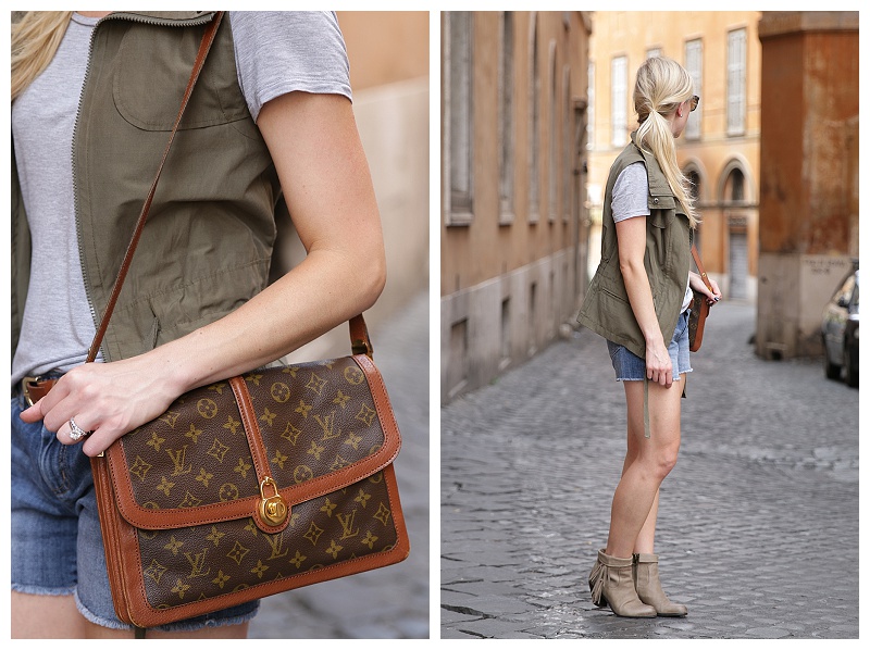 olive utility vest with gray tee and denim cutoff shorts, vintage Louis  Vuitton 'Passy' shoulder bag, utility vest outfit for fall - Meagan's Moda