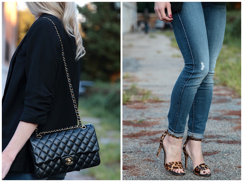 Chanel medium classic flap bag black lambskin with gold hardware, boyfriend  blazer, 7 for all mankind high waist ankle jeans, Joie leopard sandals -  Meagan's Moda